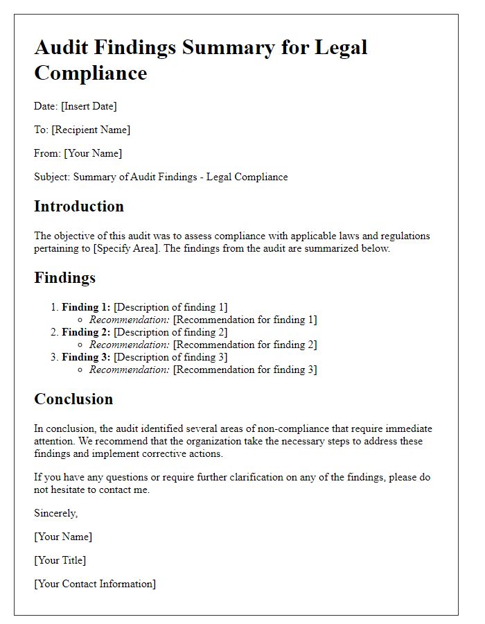 Letter template of audit findings summary for legal compliance