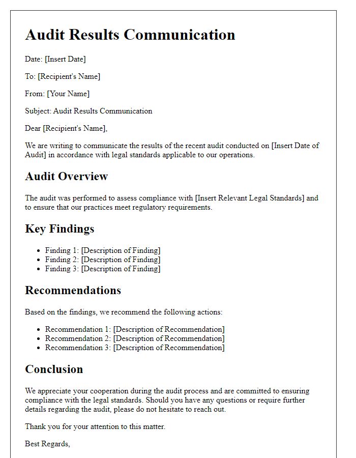 Letter template of audit results communication for legal standards