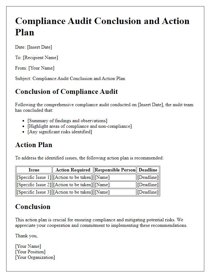 Letter template of compliance audit conclusion and action plan