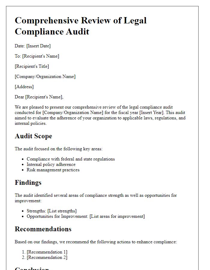 Letter template of comprehensive review of legal compliance audit