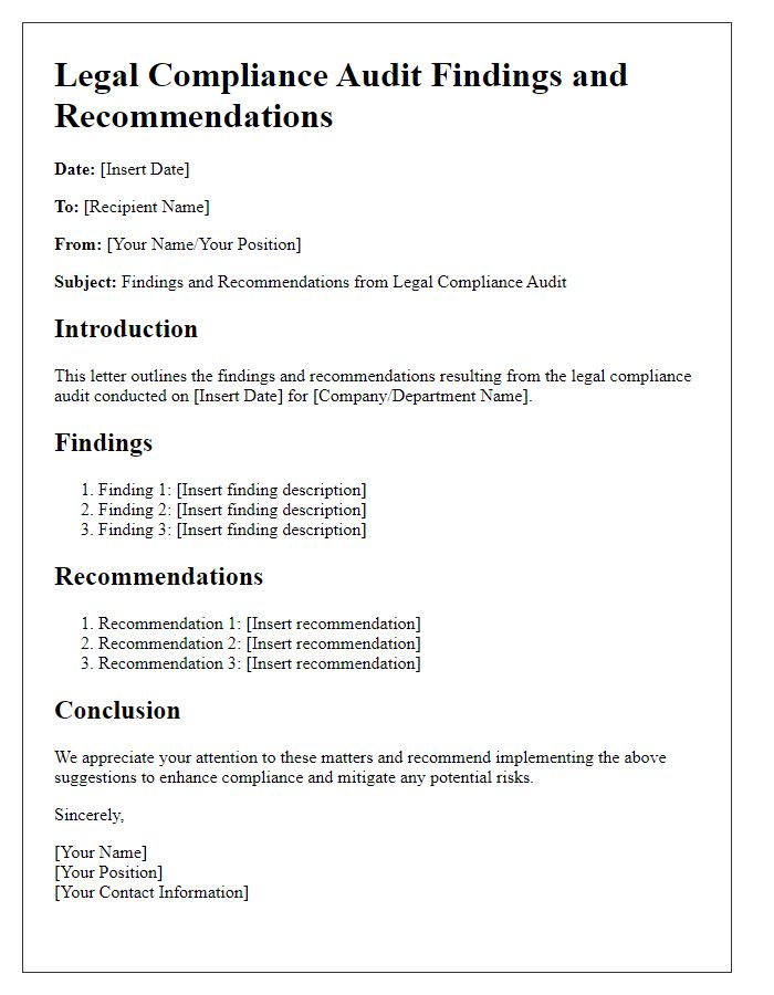 Letter template of findings and recommendations from legal compliance audit