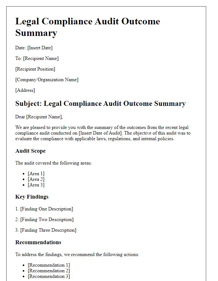 Letter template of legal compliance audit outcome summary