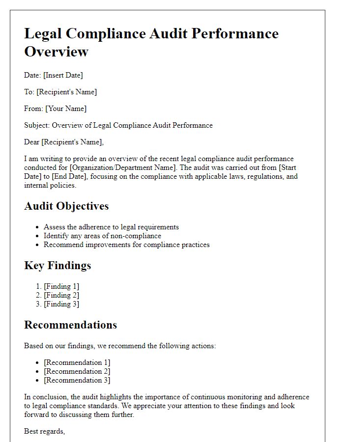 Letter template of overview on legal compliance audit performance