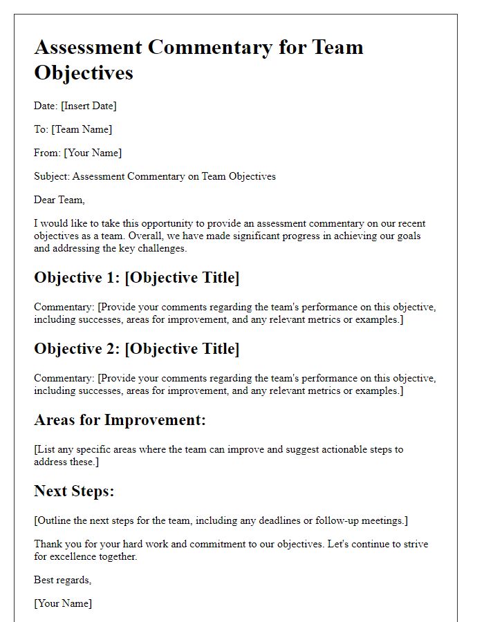 Letter template of assessment commentary for team objectives.