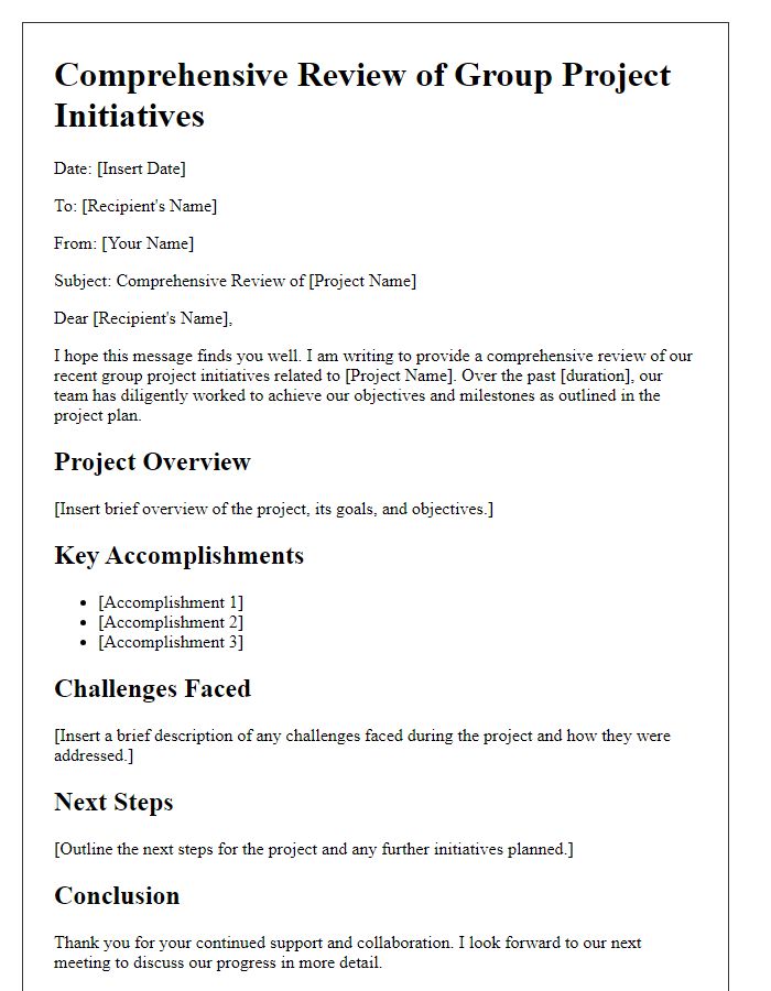 Letter template of comprehensive review for group project initiatives.