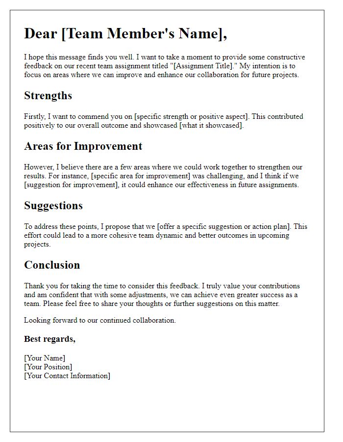 Letter template of constructive criticism for team assignment outcomes.