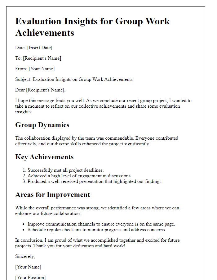 Letter template of evaluation insights for group work achievements.