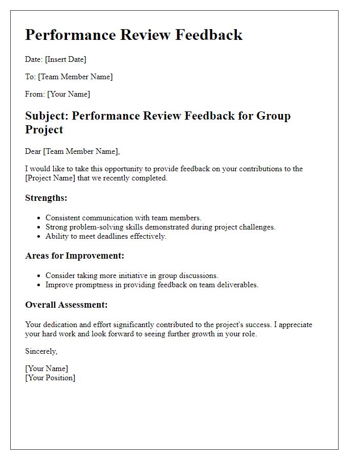 Letter template of performance review feedback for group project.