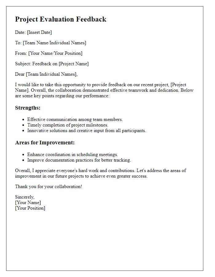 Letter template of project evaluation feedback for team collaboration.