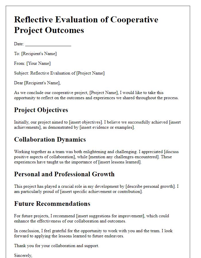 Letter template of reflective evaluation for cooperative project outcomes.