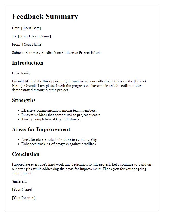 Letter template of summary feedback on collective project efforts.