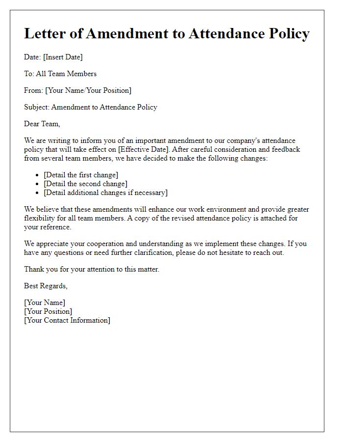 Letter template of amendment to attendance policy for team members