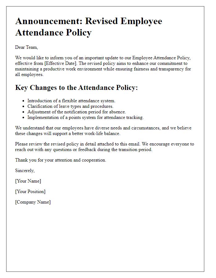 Letter template of revised employee attendance policy announcement