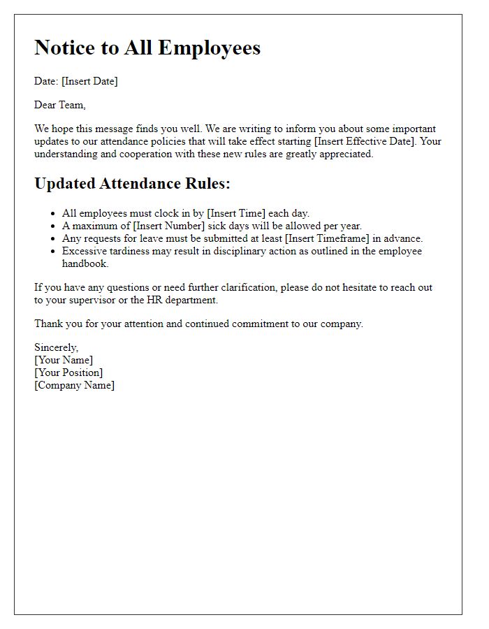 Letter template of updated attendance rules for employees