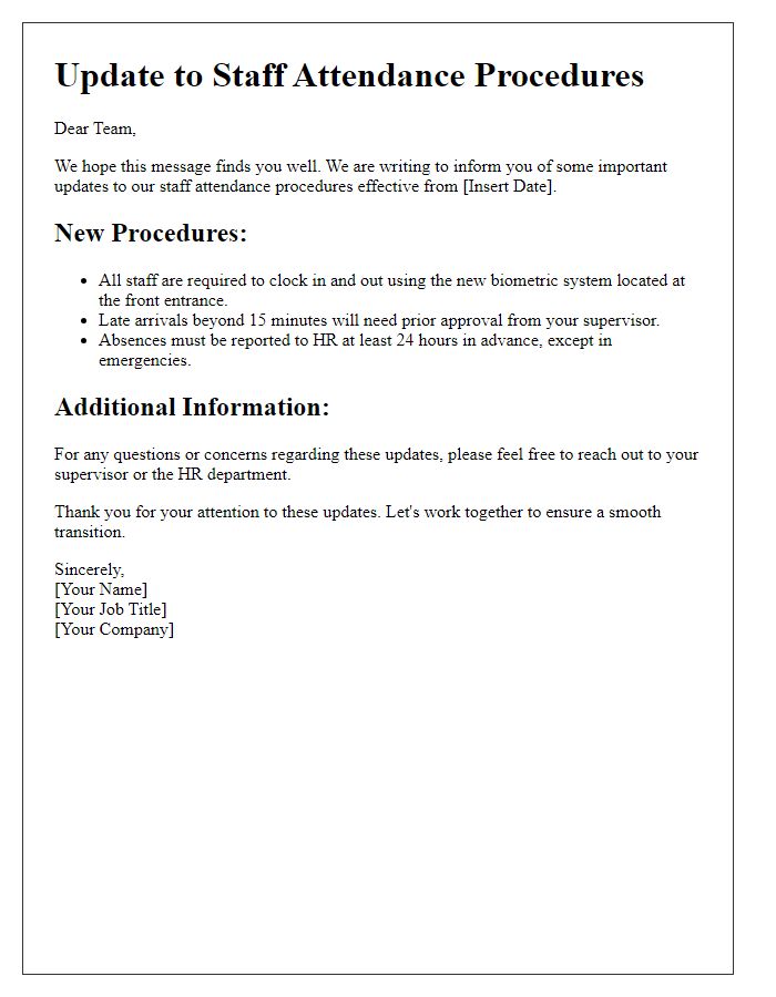 Letter template of updates to staff attendance procedures