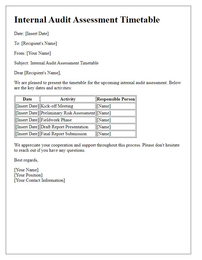 Letter template of internal audit assessment timetable