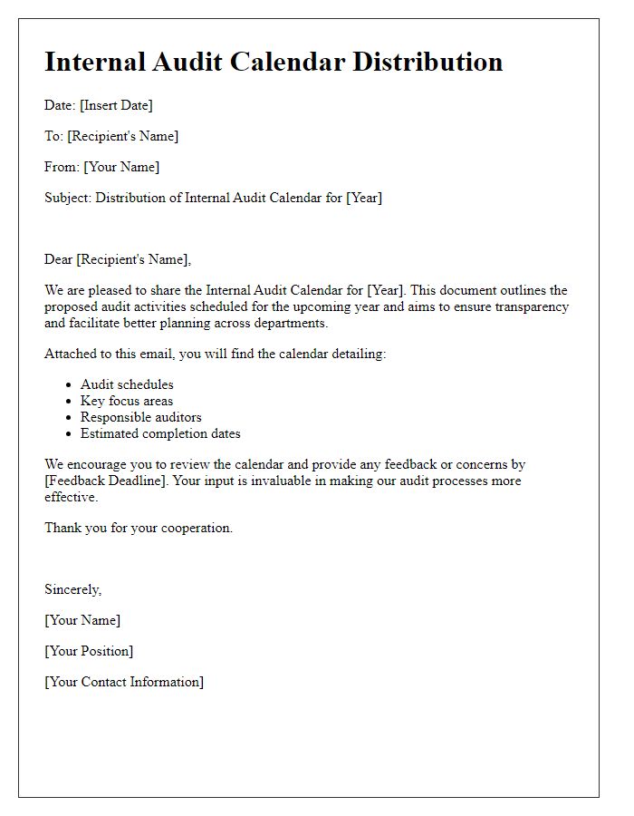 Letter template of internal audit calendar distribution