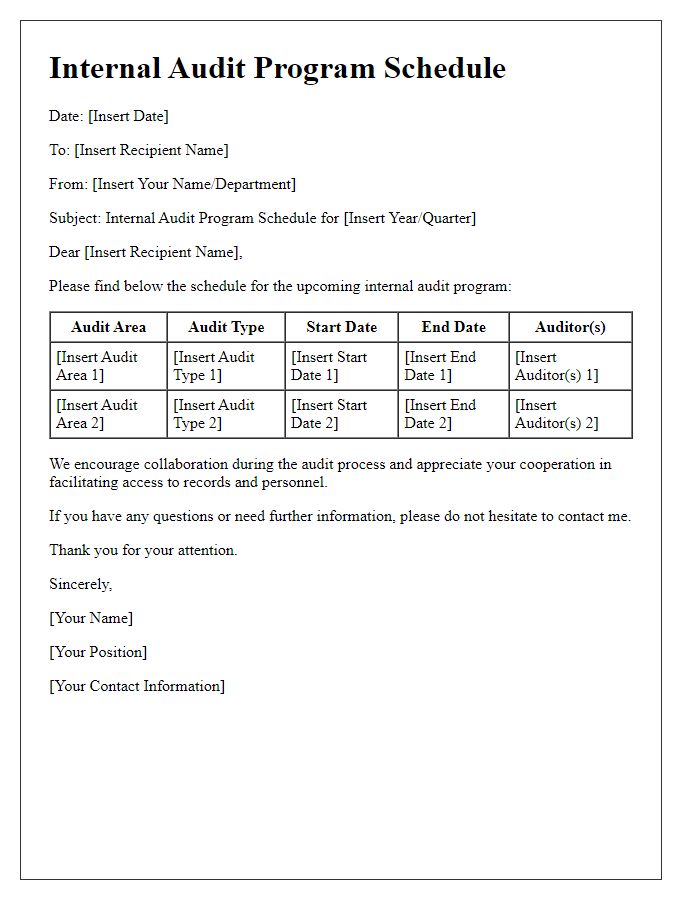 Letter template of internal audit program schedule