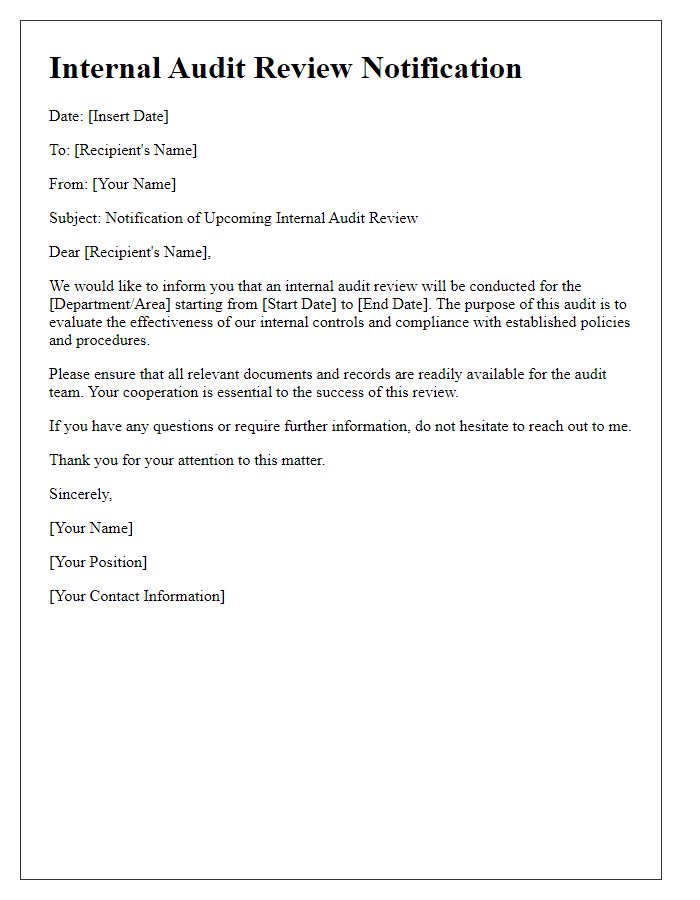 Letter template of internal audit review notification