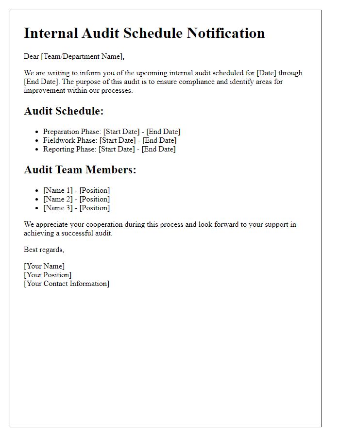 Letter template of internal audit schedule communication