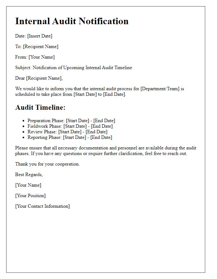 Letter template of internal audit timeline notification