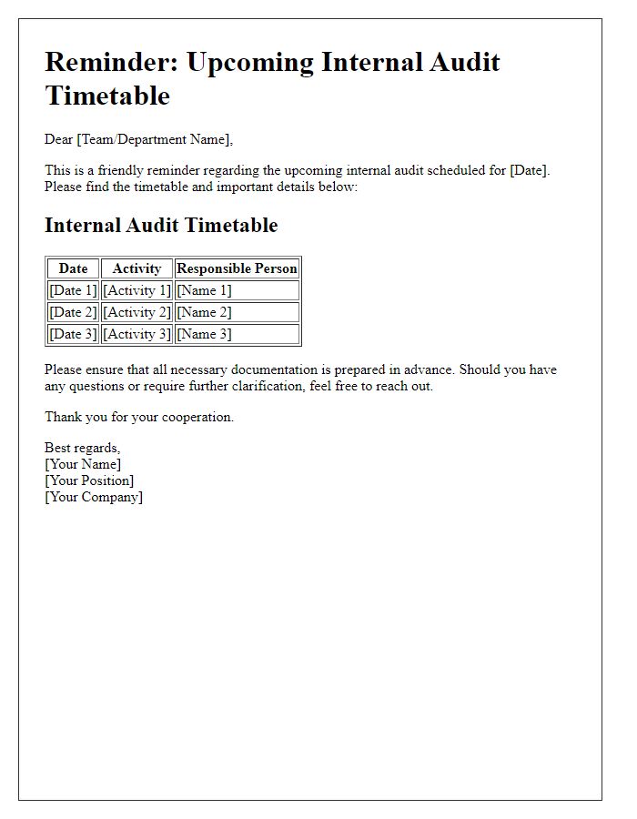 Letter template of internal audit timetable reminder