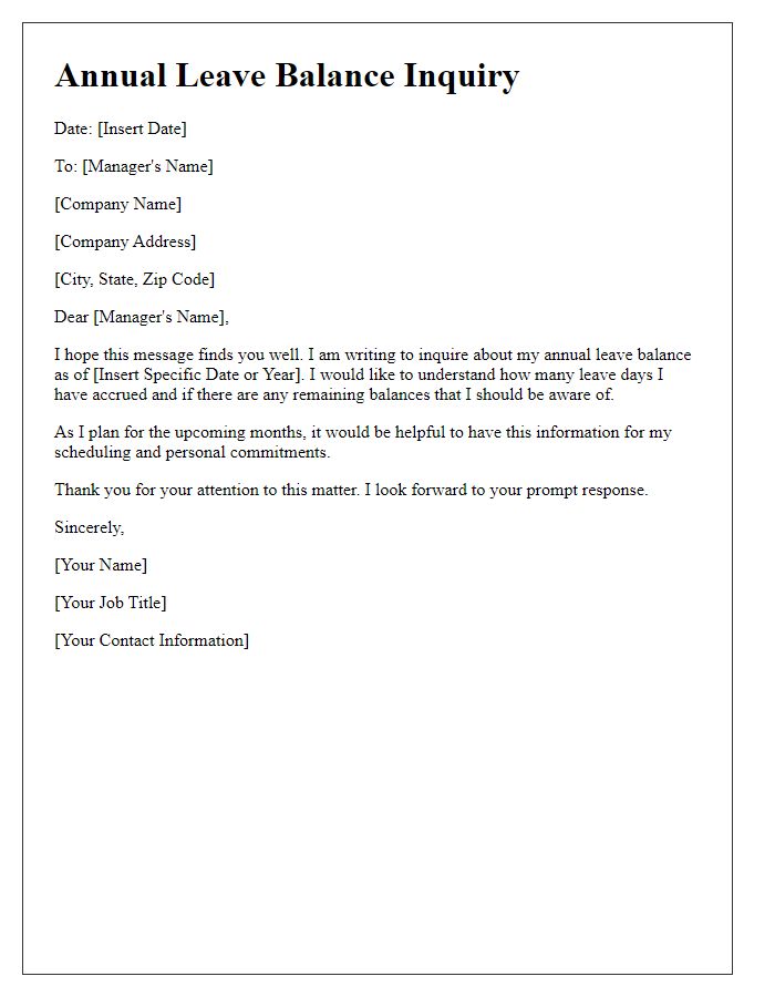Letter template of annual leave balance assessment inquiry