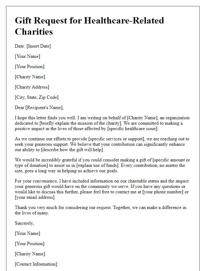 Letter template of gift request for healthcare-related charities