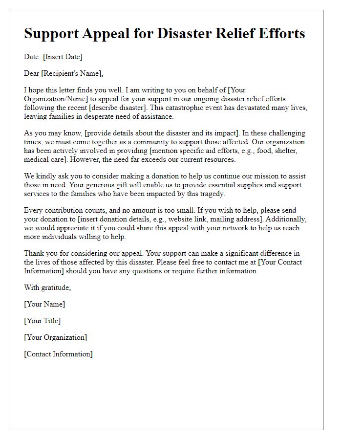 Letter template of support appeal for disaster relief efforts