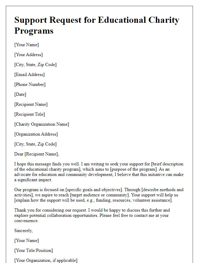 Letter template of support request for educational charity programs