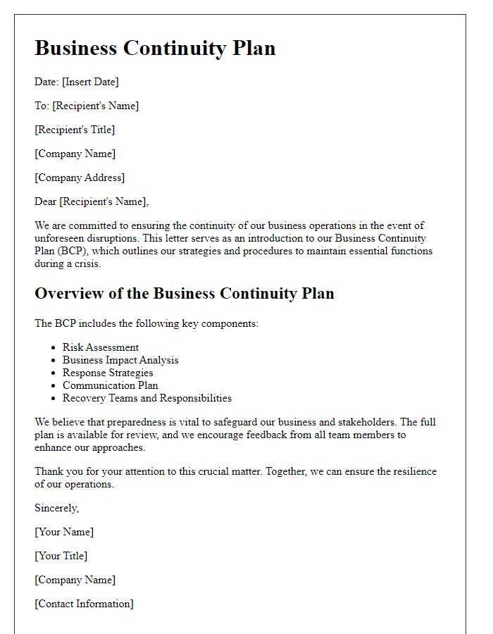 Letter template of business continuity plan start