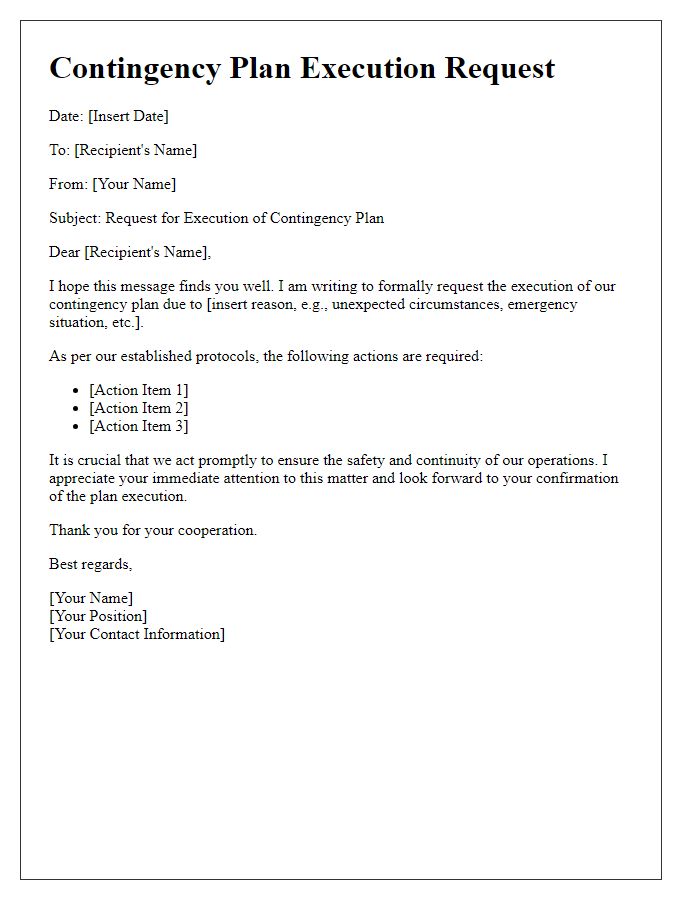 Letter template of contingency plan execution request