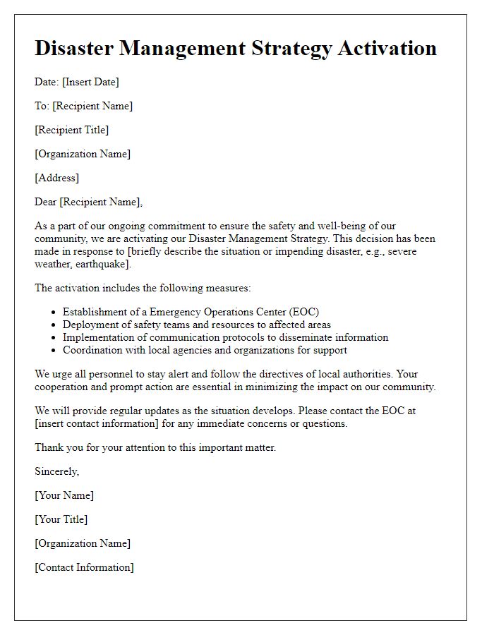 Letter template of disaster management strategy activation