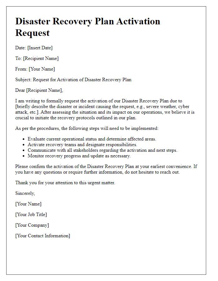 Letter template of disaster recovery plan activation request