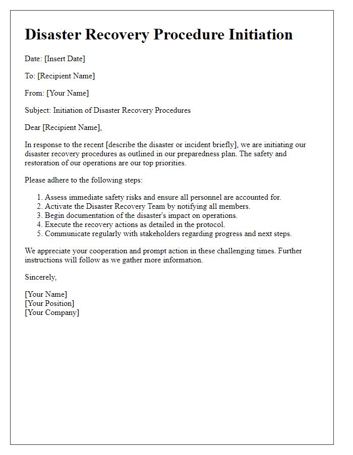 Letter template of disaster recovery procedure initiation