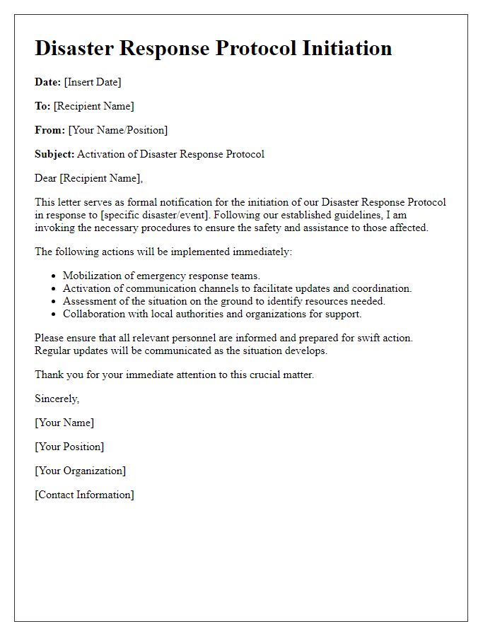 Letter template of disaster response protocol initiation