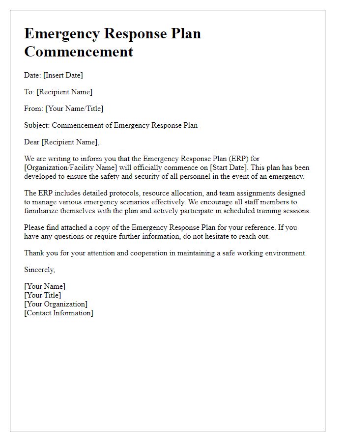 Letter template of emergency response plan commencement