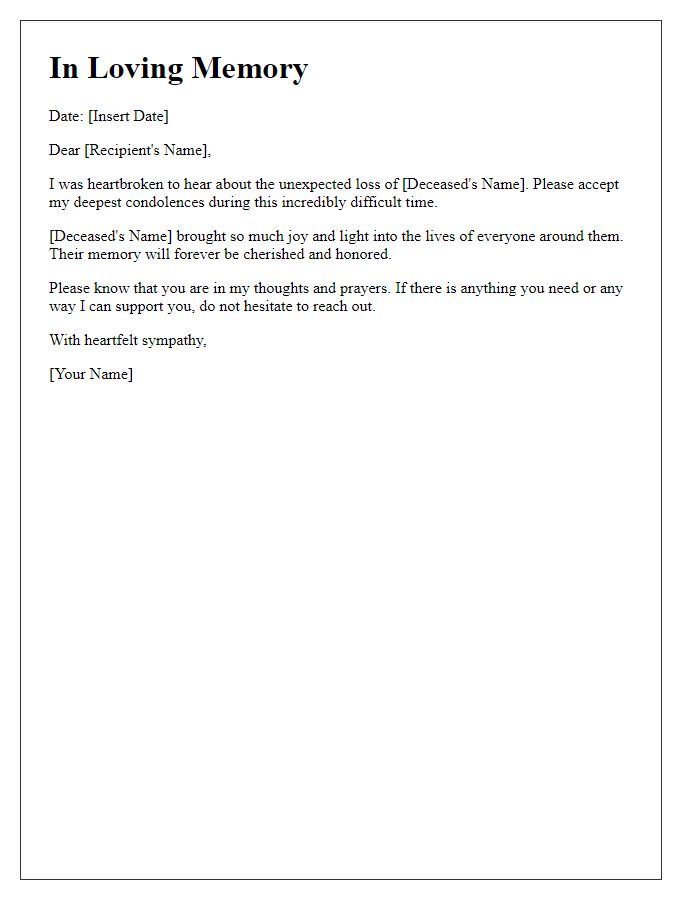 Letter template of mourning note for unexpected bereavement