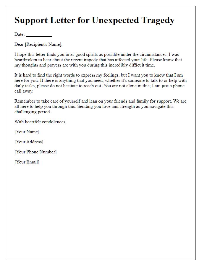 Letter template of support letter for unexpected tragedy