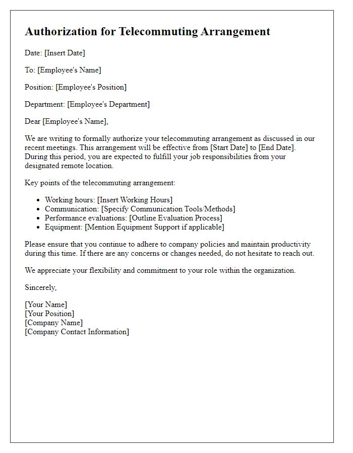 Letter template of authorization for telecommuting arrangement