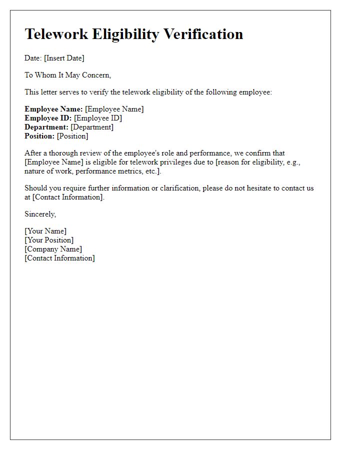 Letter template of telework eligibility verification for employees