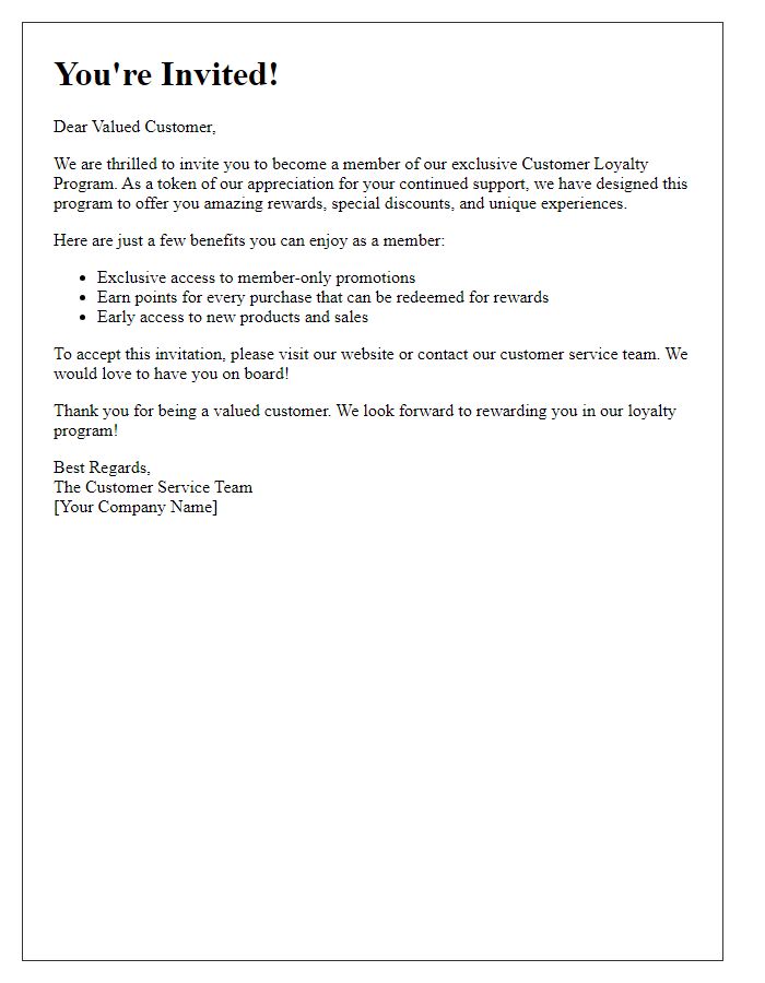 Letter template of exclusive invitation to our customer loyalty program.