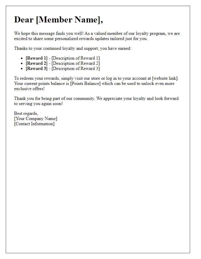 Letter template of personalized rewards update for loyalty program members.