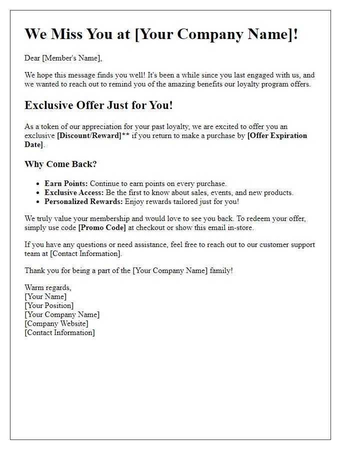 Letter template of re-engagement offer for inactive loyalty program members.