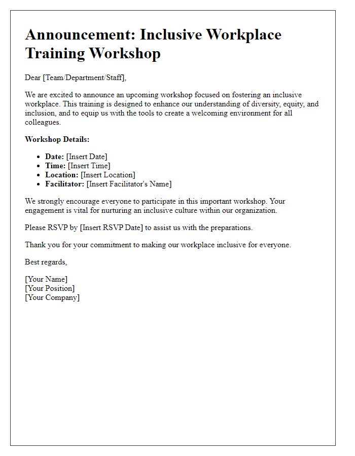 Letter template of announcement for inclusive workplace training workshop