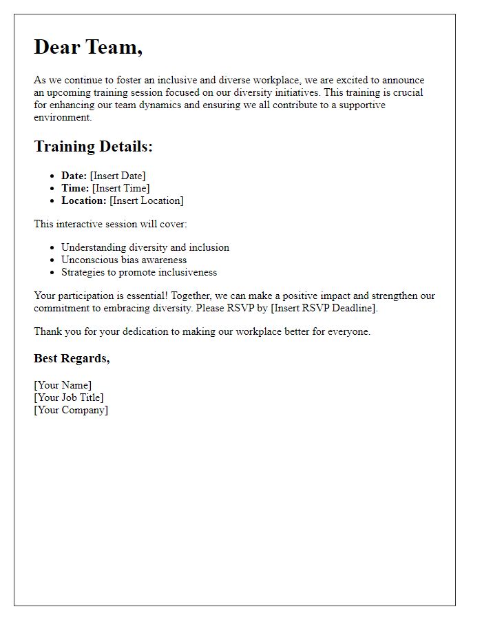 Letter template of call to action for staff training on diversity initiatives