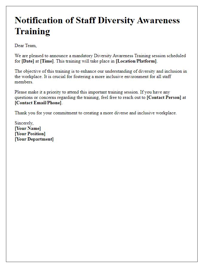 Letter template of notification for staff diversity awareness training