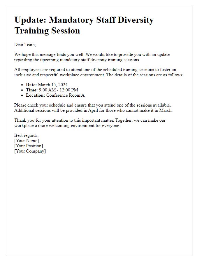 Letter template of update regarding mandatory staff diversity training session