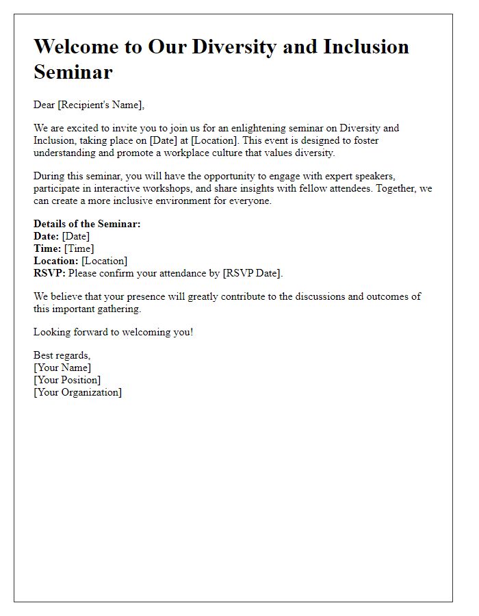 Letter template of welcome invitation to join diversity and inclusion seminar