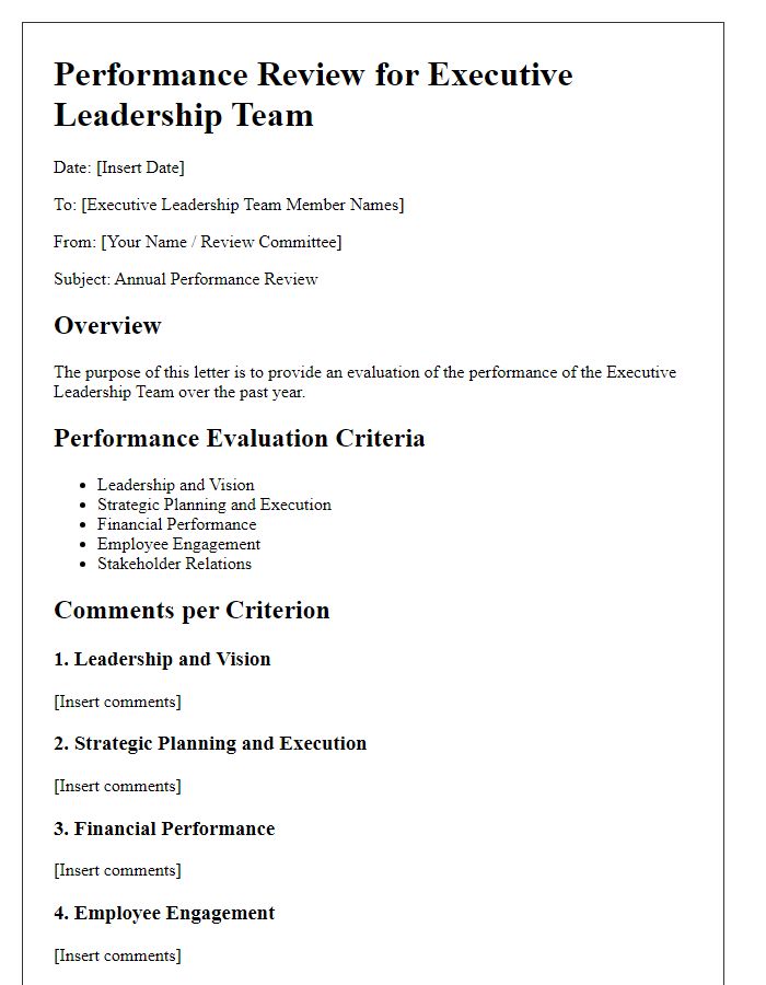 Letter template of executive leadership team performance review.